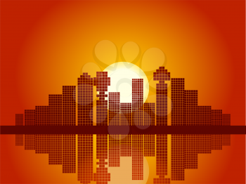 Royalty Free Clipart Image of an Abstract Mosaic City Sunset and Reflection
